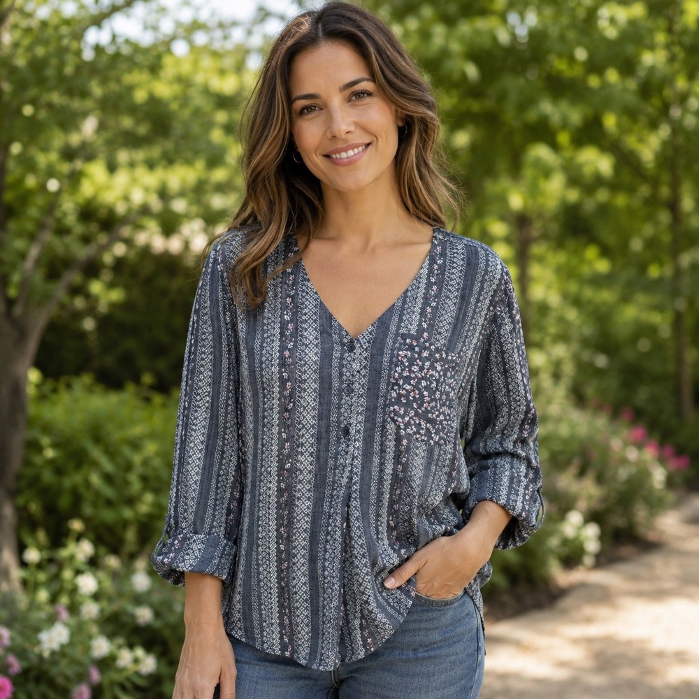 Fred David Boho Floral Mixed Print V Neck Button Blouse Size L/XL